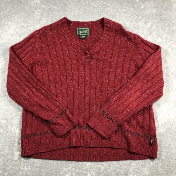Woolrich Sweater Womens XL Red V Neck Wool Bright Ruby Heather Cozy Cabincore - Picture 1 of 10